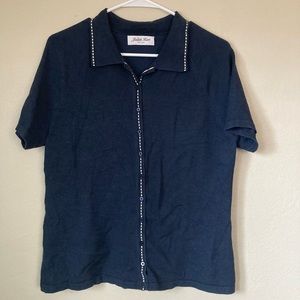 Vintage Navy White Short Sleeve Button Front Knit top Size M